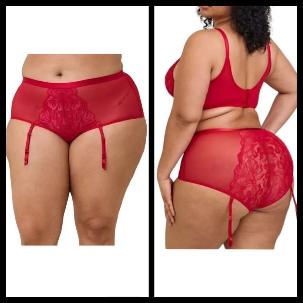 6X 30W Torrid Red Shimmer Lace Mid Rise Brief Removeable Garter Panty Lingerie